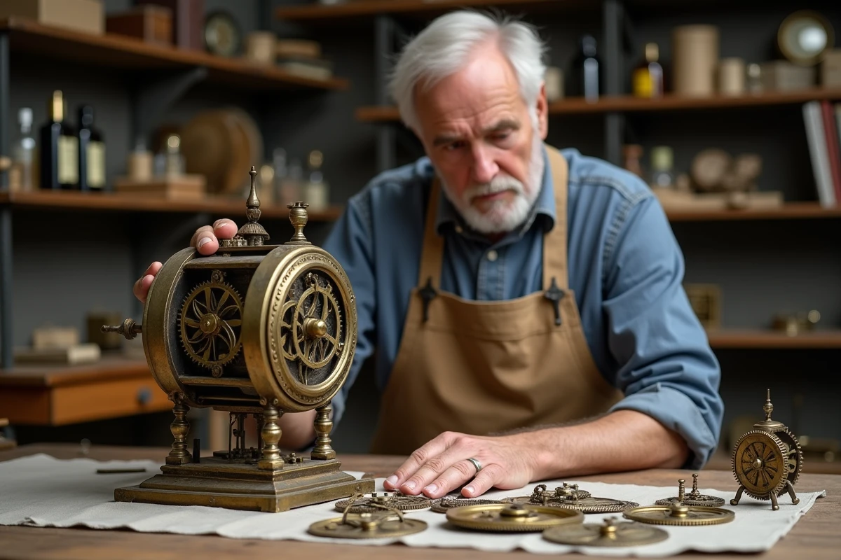 Horloger restaurateur inspectant le mécanisme d'une horloge comtoise démontée dans son atelier