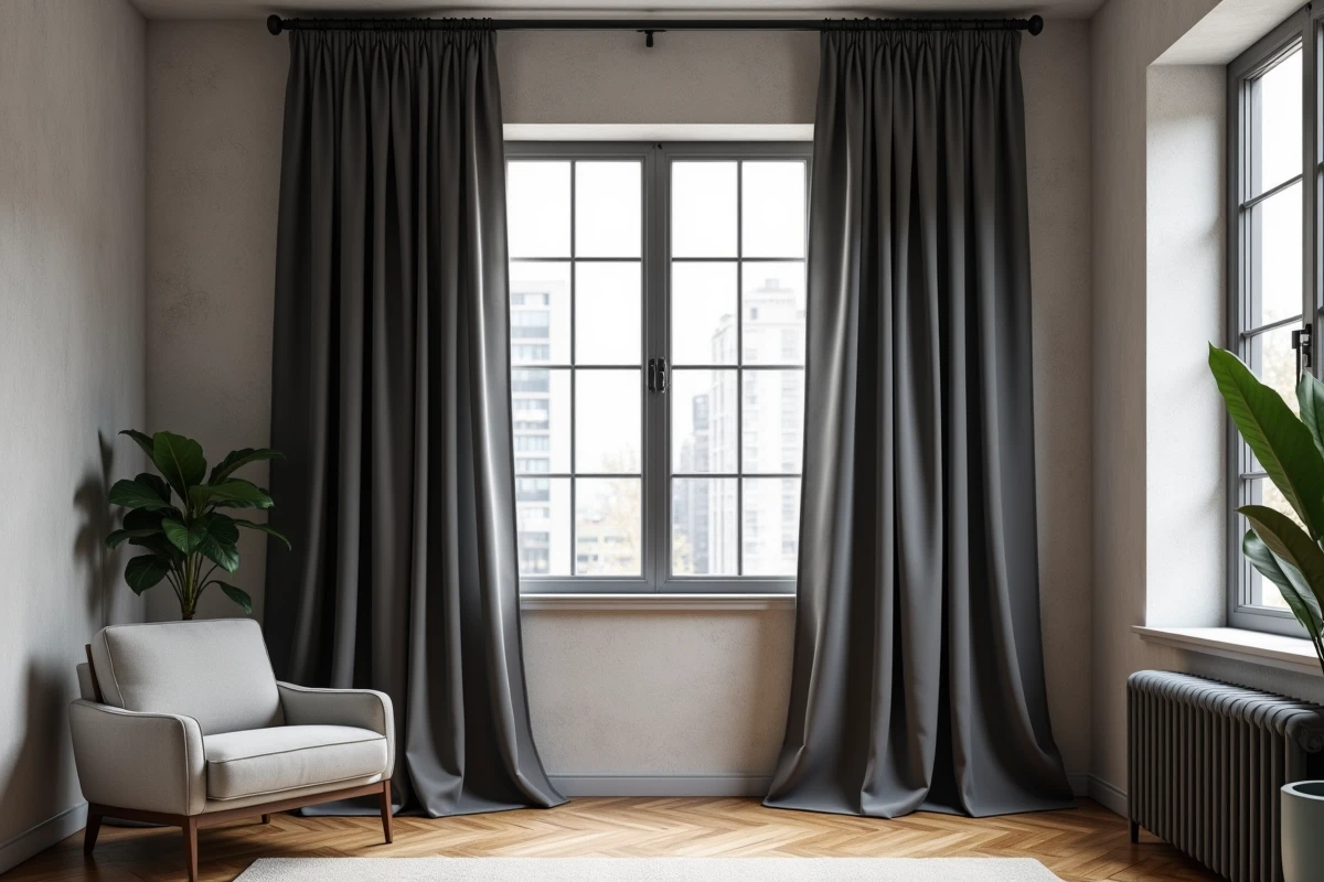 Rideaux occultants et isolants gris anthracite installés sans percer les murs sur une fenêtre avec tringle magnétique dans un appartement moderne