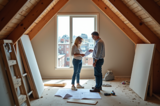 Femme moyenne âge examine plans de rénovation dans un grenier moderne