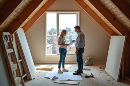Femme moyenne âge examine plans de rénovation dans un grenier moderne
