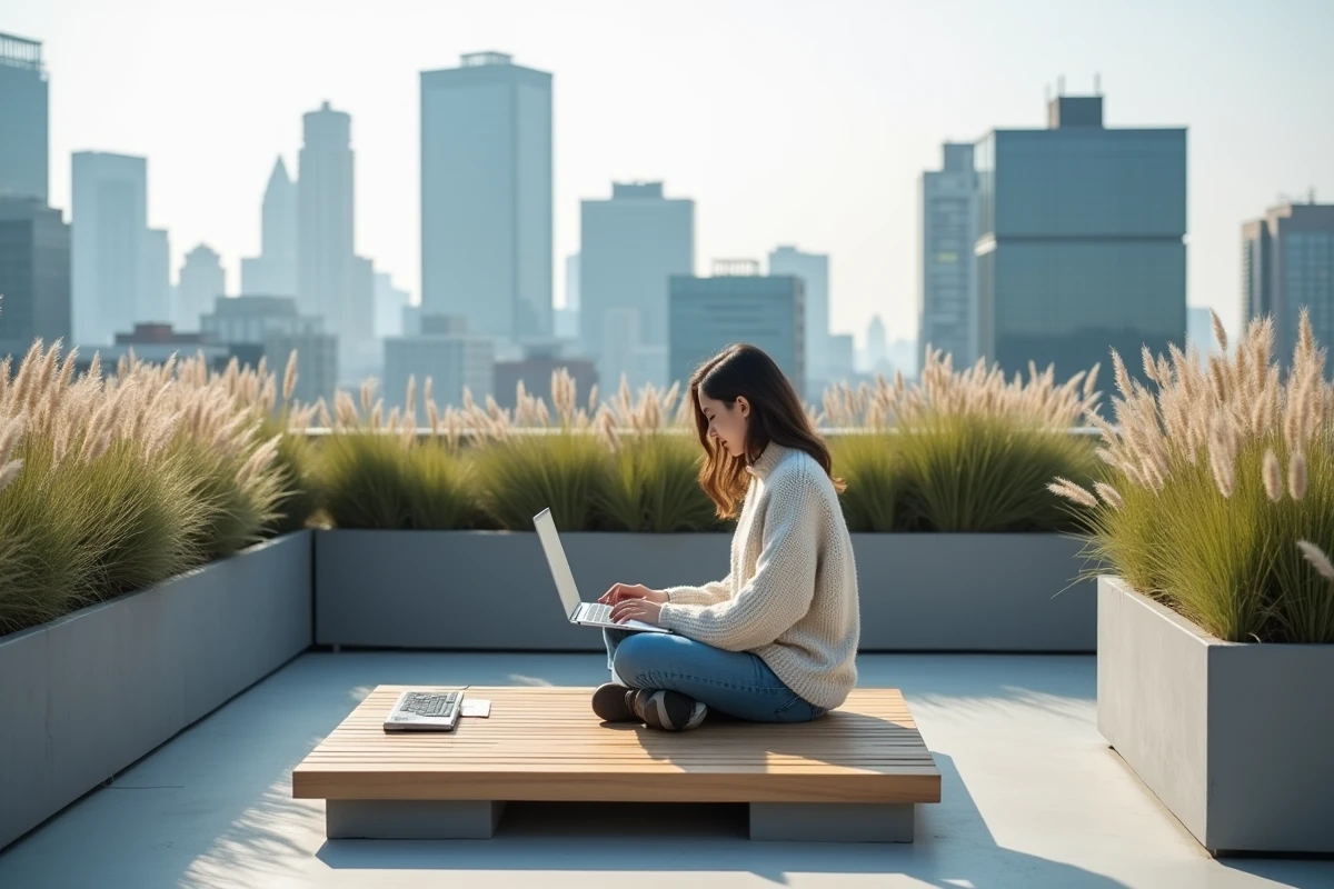 Espace de travail en plein air sur rooftop avec femme travaillant sur ordinateur entourée de plantes en pot et vue sur la skyline urbaine