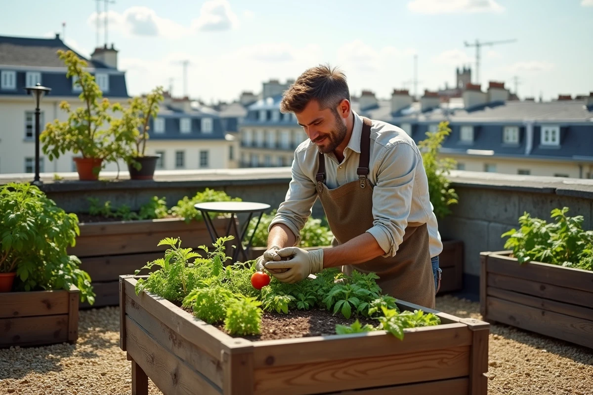 Jardin potager sur toit urbain avec jardinières surélevées et homme jardinant parmi les plants de tomates