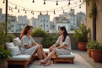 Terrasse rooftop aménagée en salon urbain avec mobilier en bois, plantes aromatiques et vue sur les toits de la ville