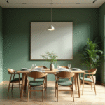 Salle à manger moderne avec murs vert sauge et table en bois