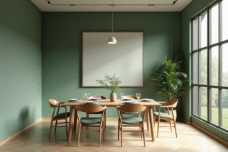 Salle à manger moderne avec murs vert sauge et table en bois