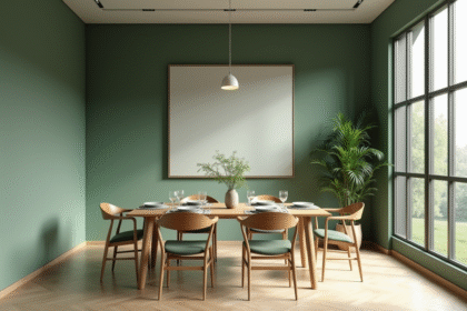 Salle à manger moderne avec murs vert sauge et table en bois