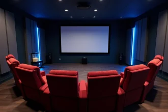Salle de cinéma maison avec écran de projection 120 pouces et fauteuils inclinables en velours bordeaux dans un sous-sol aménagé