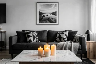 Salon noir et blanc réchauffé par des bougies ambrées et des accessoires en bois naturel