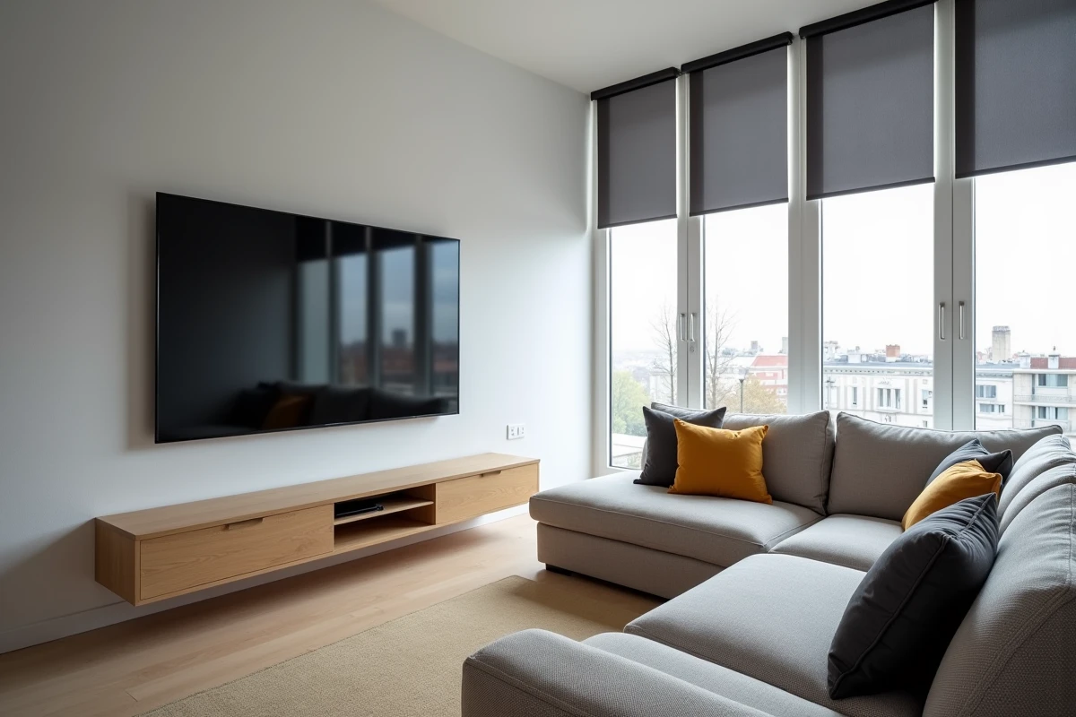 Salon optimisé home cinéma avec télévision OLED 75 pouces et canapé en L dans un appartement moderne
