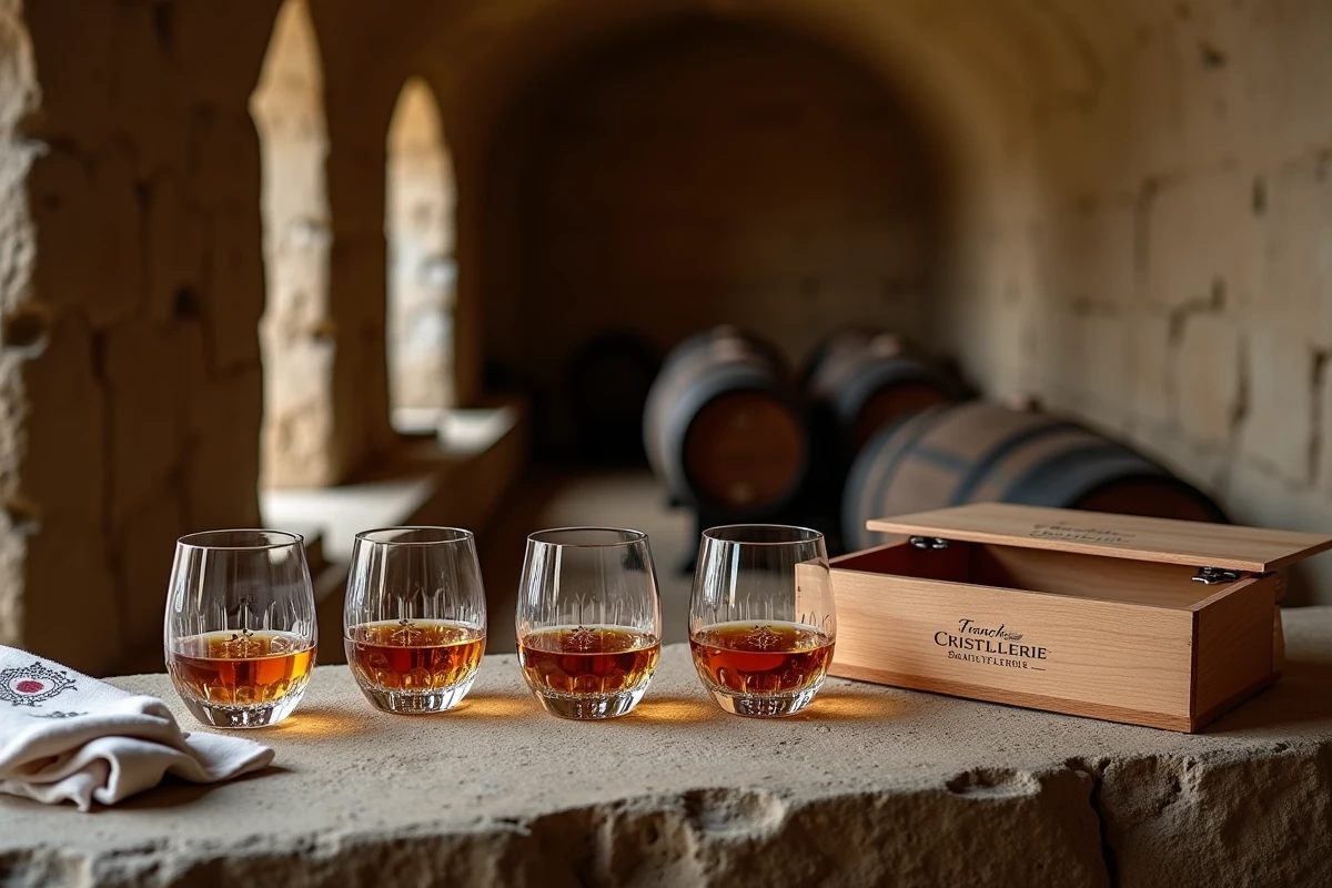 Service de verres à whisky en cristal français disposés dans une cave de château avec coffret en bois et accessoires de dégustation