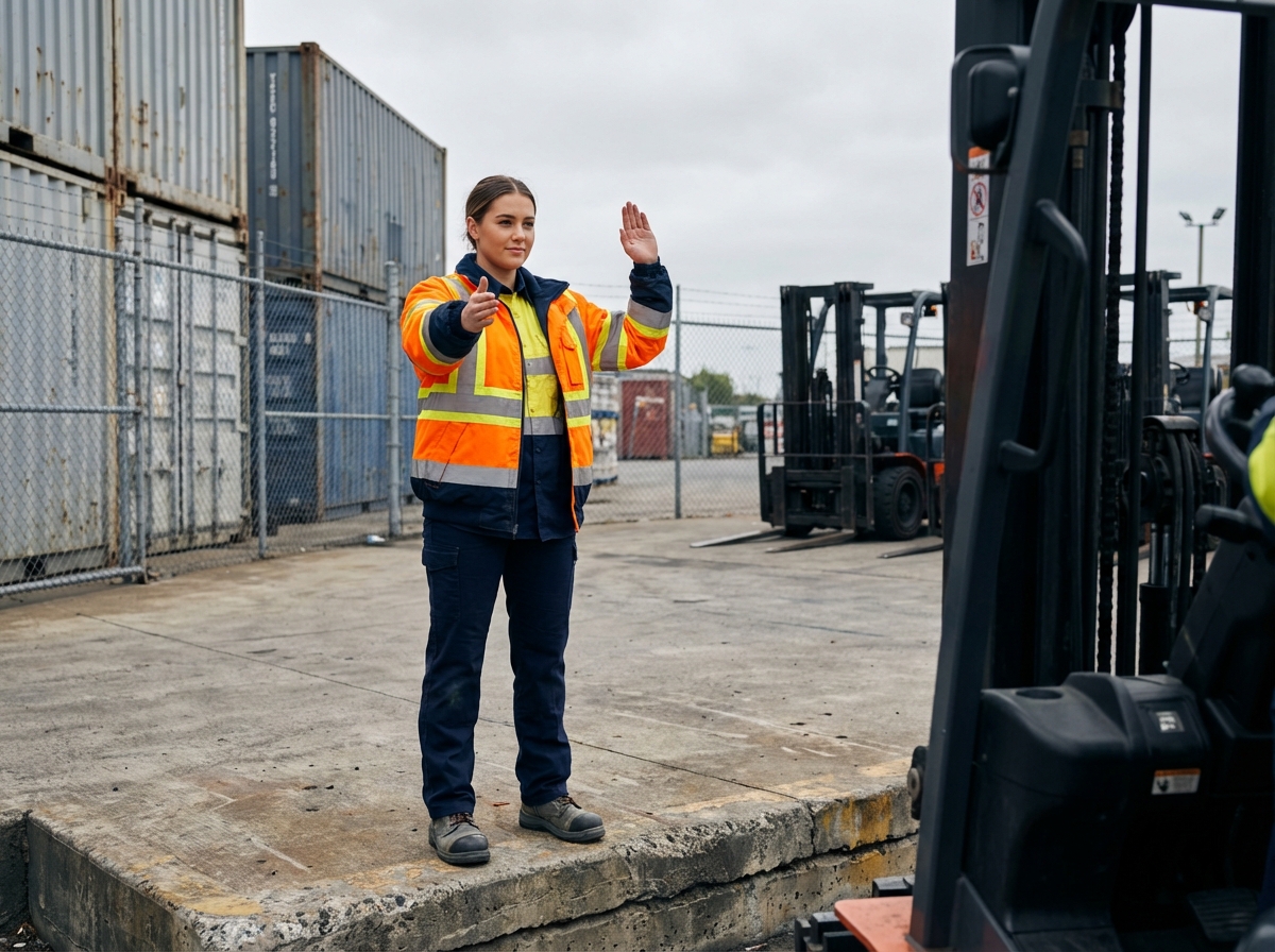 Jeune femme donnant des signaux de sécurité au quai de chargement