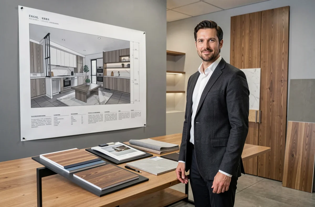 Consultant en design de Signature Global Concept présentant un projet de menuiserie haut de gamme avec des échantillons de matériaux dans un studio contemporain