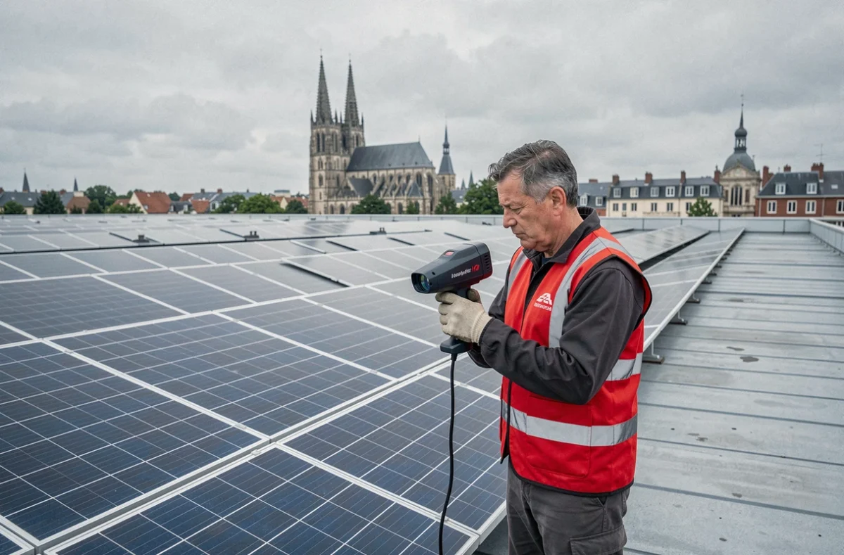 Technicien de SMAC Tours effectuant une inspection thermique d'une grande installation solaire sur un toit commercial avec la cathédrale de Tours en arrière-plan