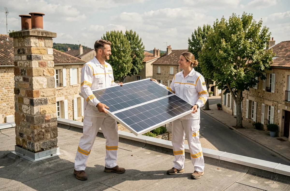 Deux techniciens de Soleil Levant transportant un panneau photovoltaïque sur un toit dans un village de la Loire