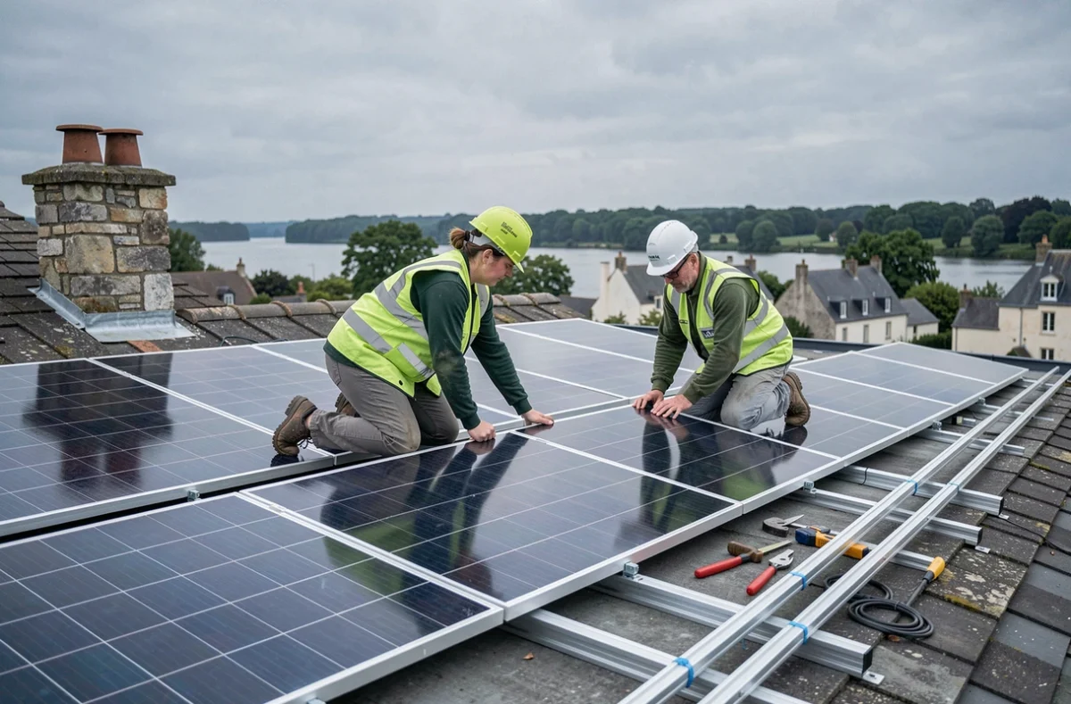Équipe de So'Loire Énergie installant des panneaux solaires sur un toit de maison avec la Loire en arrière-plan