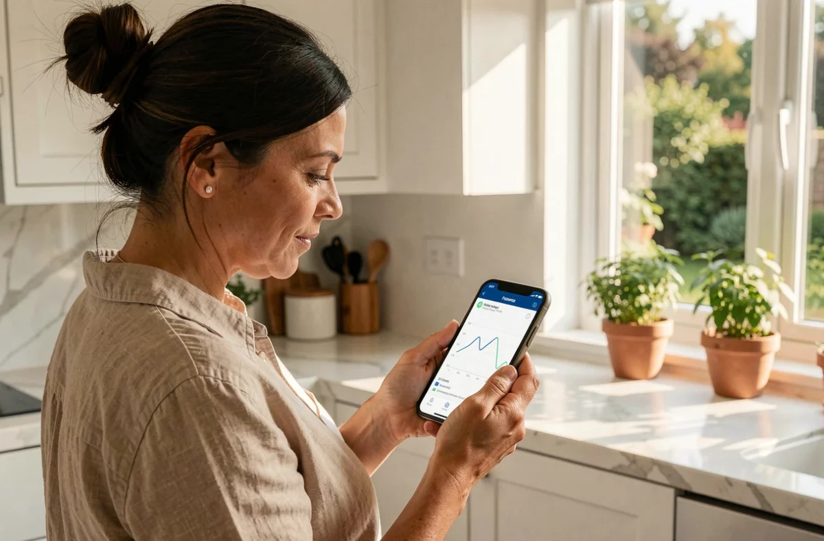 Femme consultant l'application de suivi de production solaire quotidienne sur smartphone