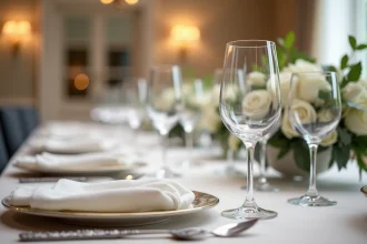 Table de mariage élégante avec cristaux et fleurs blanches