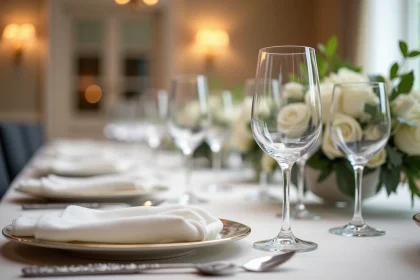 Table de mariage élégante avec cristaux et fleurs blanches