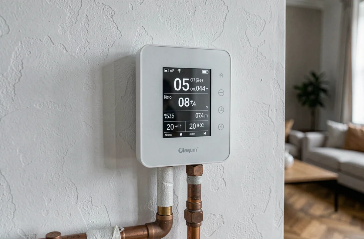 Affichage numérique de consommation électrique d'une pompe à chaleur dans un intérieur moderne