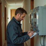 Technicien vérifiant un compteur électrique dans un appartement français