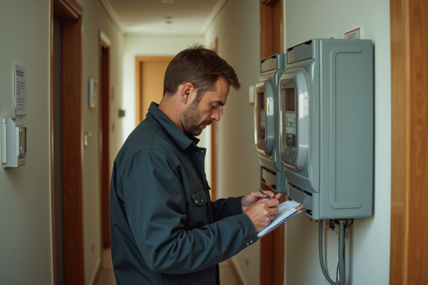 Technicien vérifiant un compteur électrique dans un appartement français