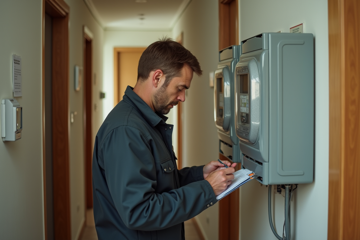 Technicien vérifiant un compteur électrique dans un appartement français