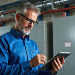 Technicien electricien homme en uniforme examine normes electriques