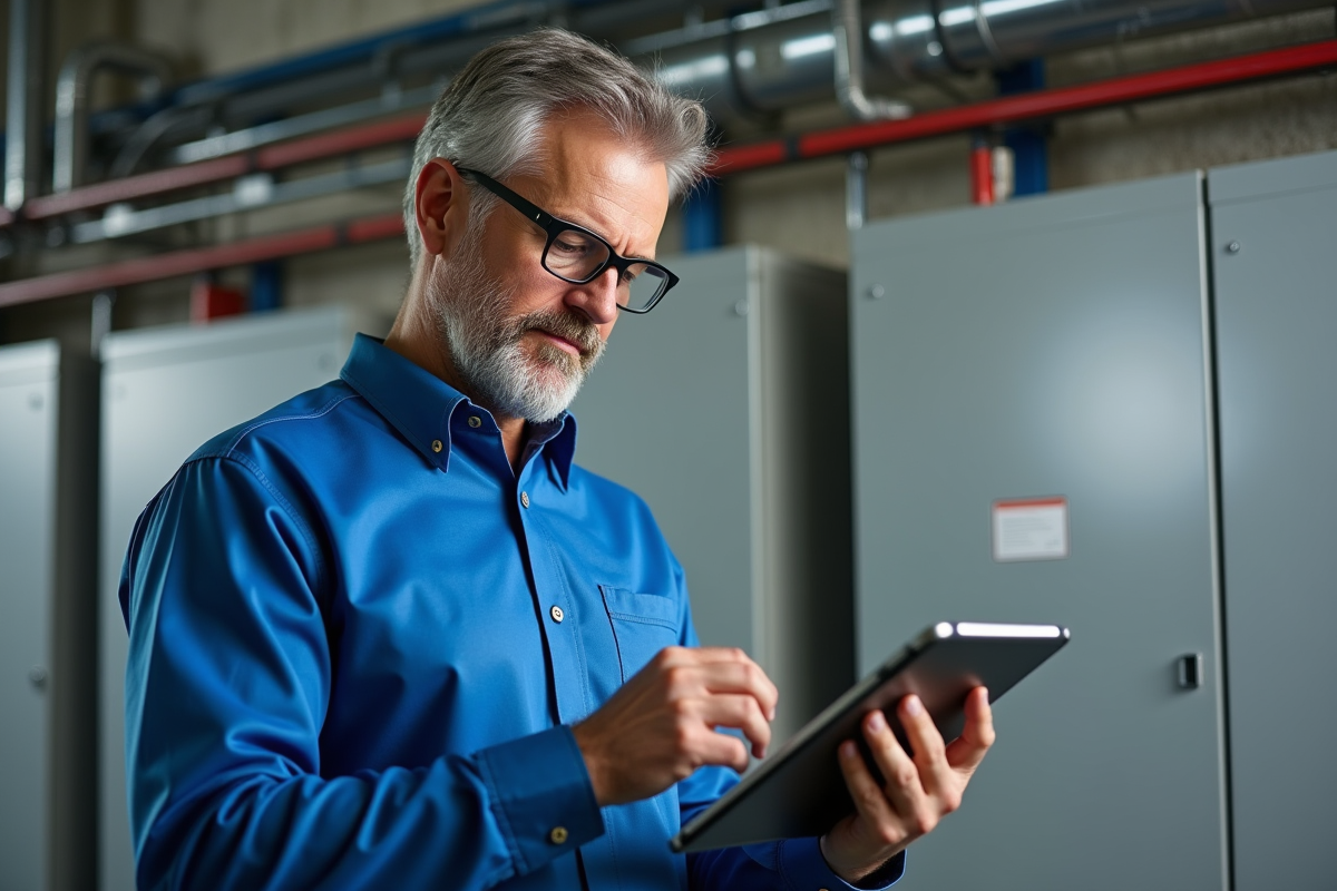 Technicien electricien homme en uniforme examine normes electriques