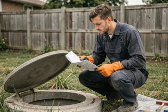 Technicien d'assainissement inspectant une ancienne fosse septique ouverte dans un jardin résidentiel avec documents réglementaires en main