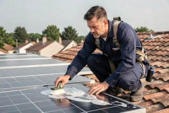 Technicien nettoyant des panneaux solaires sur un toit résidentiel avec un balai brosse et de l'eau savonneuse