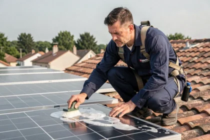 Technicien nettoyant des panneaux solaires sur un toit résidentiel avec un balai brosse et de l'eau savonneuse