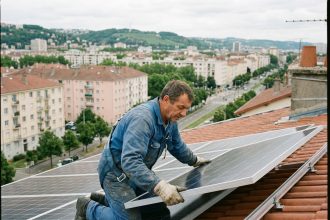 Technicien en overalls posant un panneau solaire sur un toit lyonnais