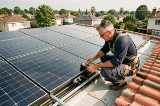 Technicien inspectant des panneaux solaires hybrides sur le toit d'une maison individuelle avec un multimètre numérique