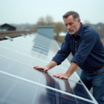 Technicien inspectant des panneaux solaires sur un toit suburbain