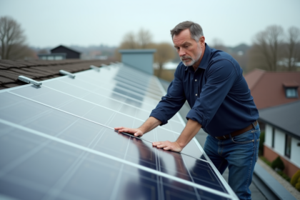 Technicien inspectant des panneaux solaires sur un toit suburbain