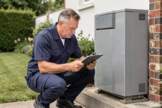 Technicien examinant une pompe à chaleur extérieure avec un document de devis, illustration du financement et de l'installation