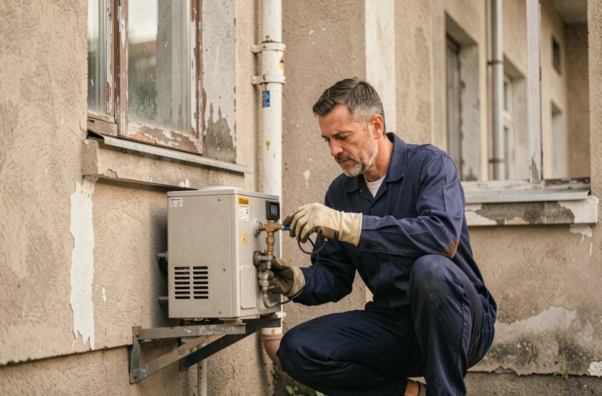 Technicien inspectant une pompe à chaleur murale dans une résidence en copropriété