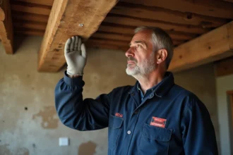 Technicien traitement capricorne des maisons inspectant une poutre en bois ancienne dans une maison rurale française