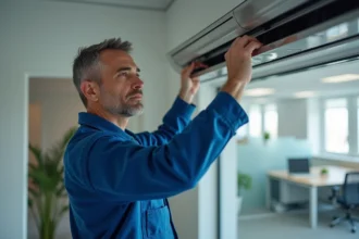 Technicien en bleu ajustant une ventilation moderne dans un bureau