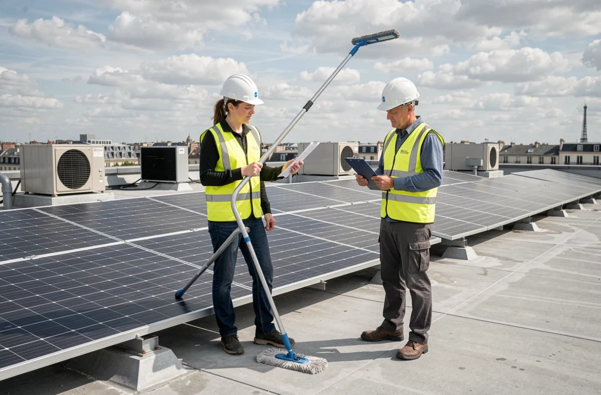 Deux techniciens sur un toit commercial inspectant et nettoyant une installation de panneaux solaires