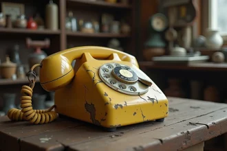 Téléphone à cadran rotatif d'occasion avec signes d'usure visibles posé sur une table en bois dans un magasin d'antiquités