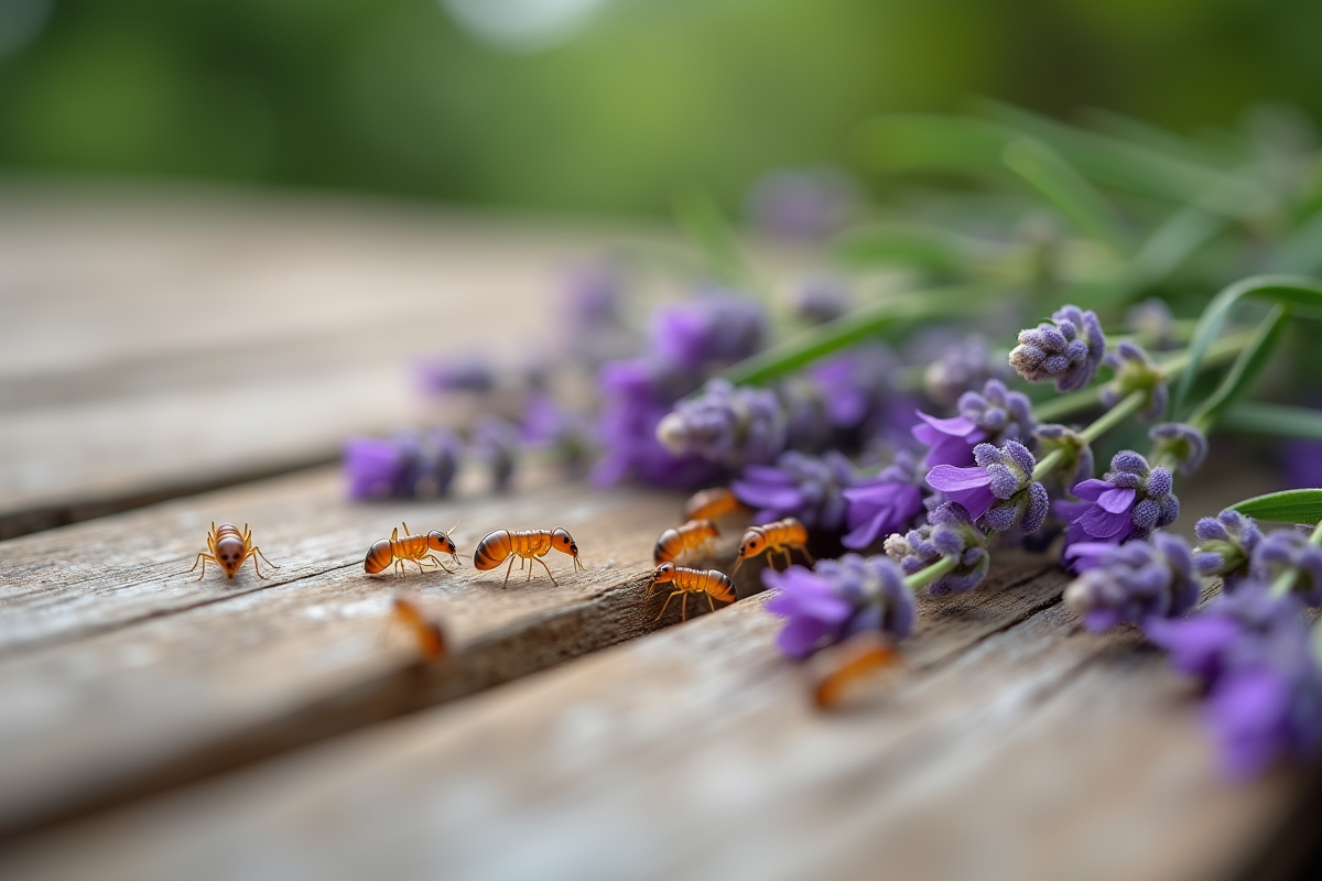 Termites traversant une planche en bois avec lavande fraîche