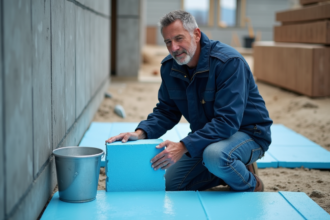 Ouvrier testant résistance à l'eau d'isolant polystyrene