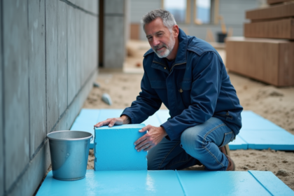 Ouvrier testant résistance à l'eau d'isolant polystyrene