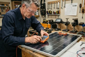 Technicien testant un panneau solaire avec un multimètre numérique dans un atelier
