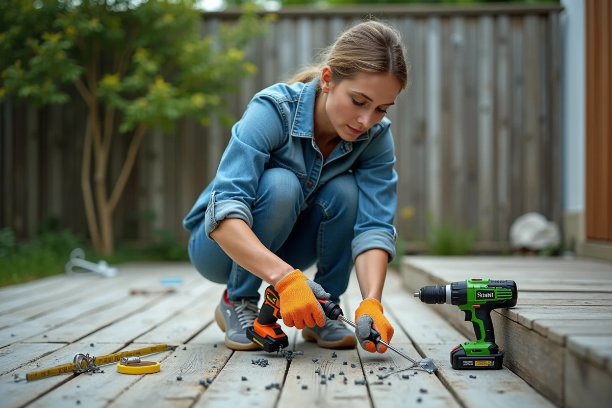Une femme utilise une visseuse Parkside lors d'un chantier de terrasse, avec un outil de marque professionnelle posé à côté pour comparaison