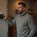 Homme d'âge moyen ajustant un thermostat moderne dans un salon cosy