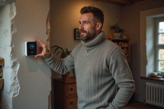 Homme d'âge moyen ajustant un thermostat moderne dans un salon cosy
