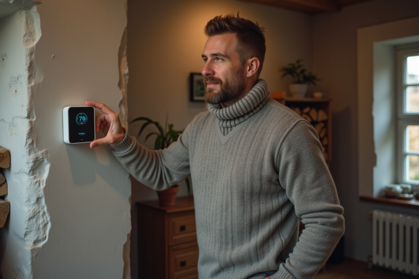 Homme d'âge moyen ajustant un thermostat moderne dans un salon cosy