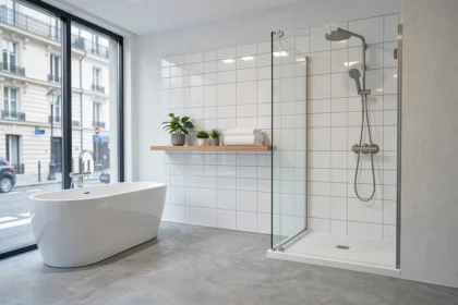 Showroom de salle de bain moderne à Paris avec baignoire îlot, douche à l'italienne et carrelage blanc brillant, représentant les meilleurs installateurs d'Île-de-France